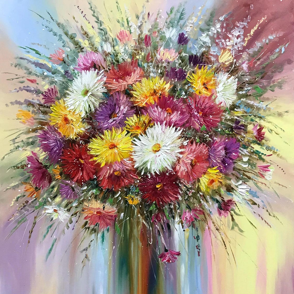 Bright Flowers Painting On Abstract Flower Bouquet Painting Original Dahlia Flower Art Abstract Floral Wall Art Dahlia Oil Painting