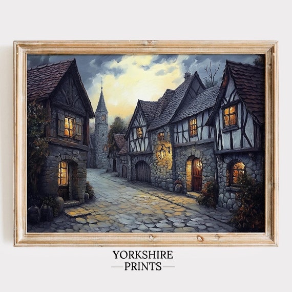 Enchanted Medieval Village Print Cozy Cottagecore Wall Art Rustic Tudor Fantasy Street Scene Rustic Old World Village Print Moody Print