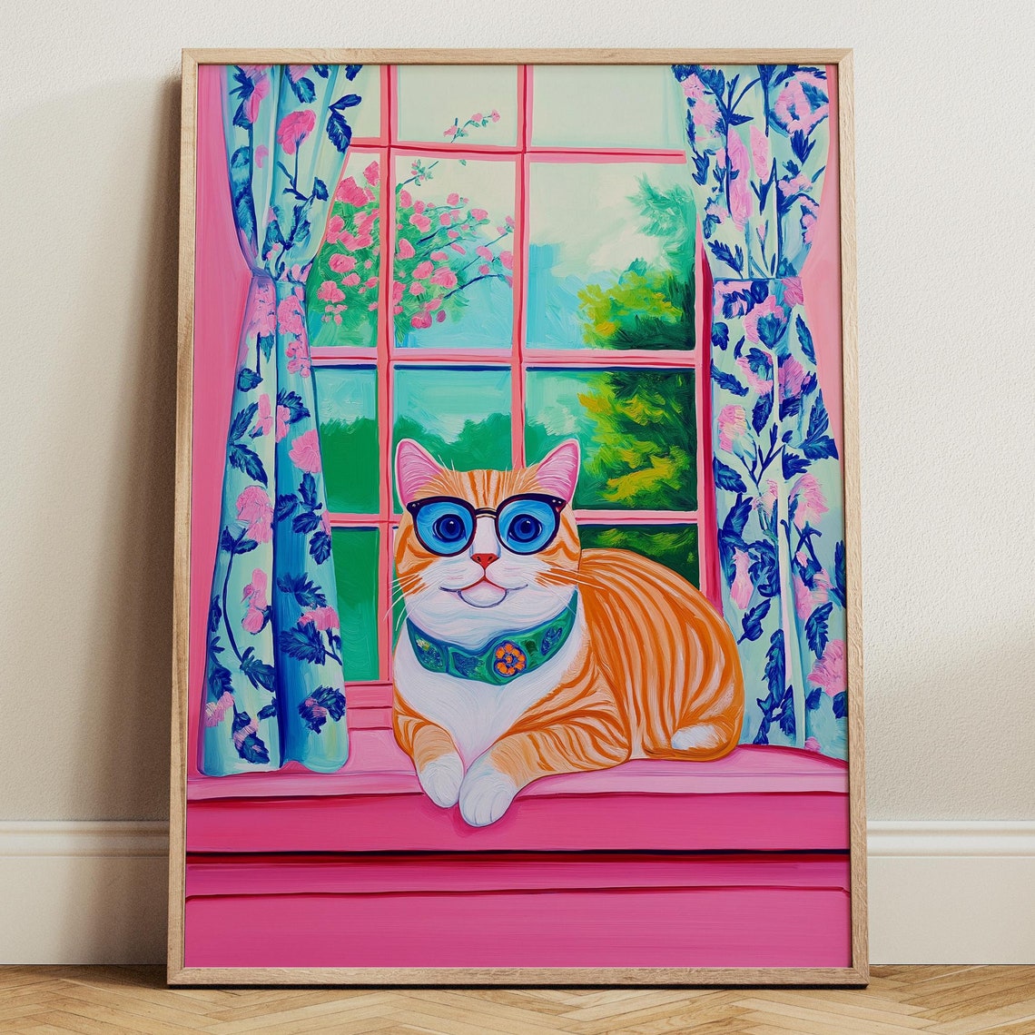 Orange Tabby Cat Wearing Glasses On A Pink Windowsill Poster