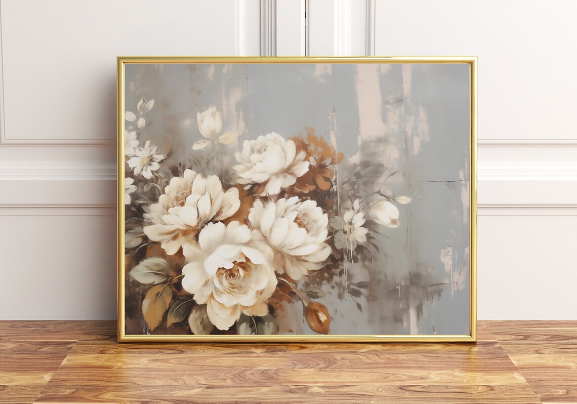 Vintage White Peony Bouquet Soft Neutral Floral Oil Painting Poster