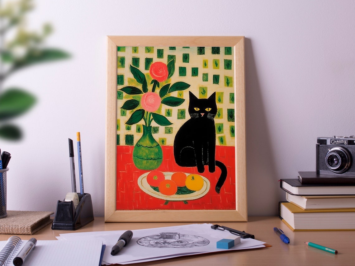 Black Cat and Fruit Still Life Matisse Inspired Style Art Print