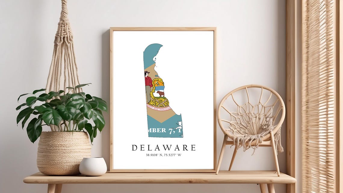 Delaware State Flag Map Silhouette with Coordinates Wall Art