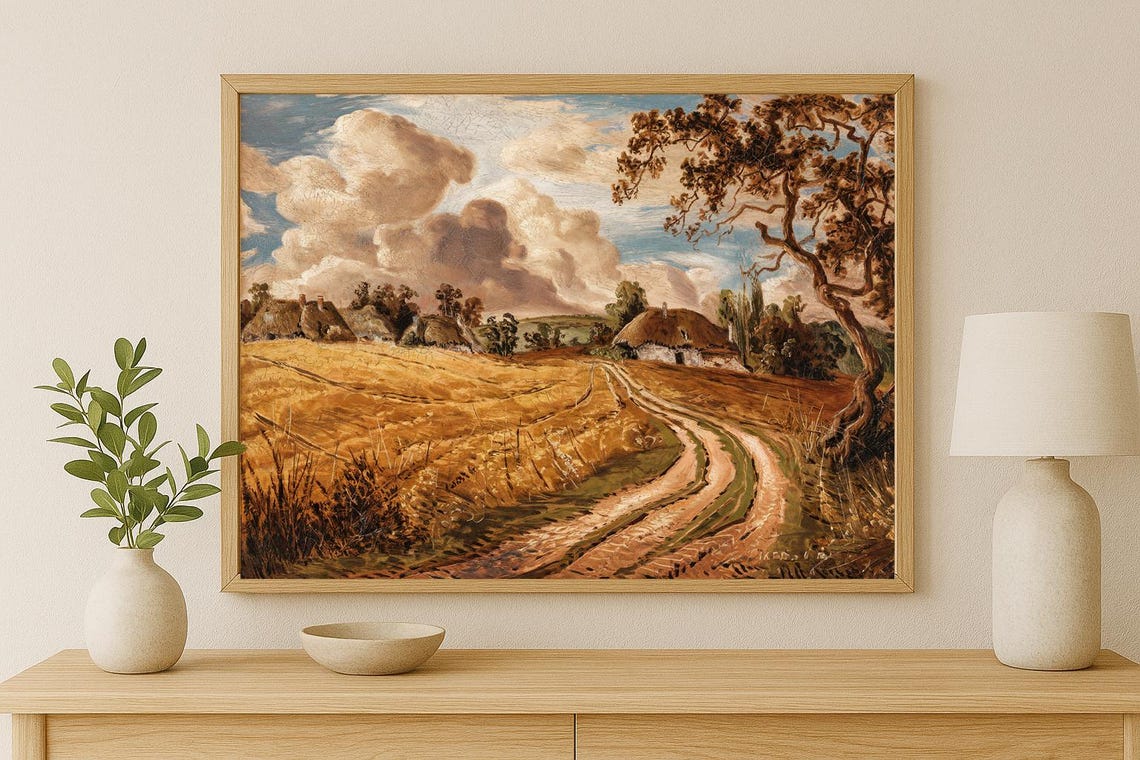 Golden Wheat Field Thatched Cottages Vintage Countryside Poster