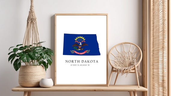North Dakota Map Print Flag Latitude Longitude Coordinates Poster Wall Art Home Dcor