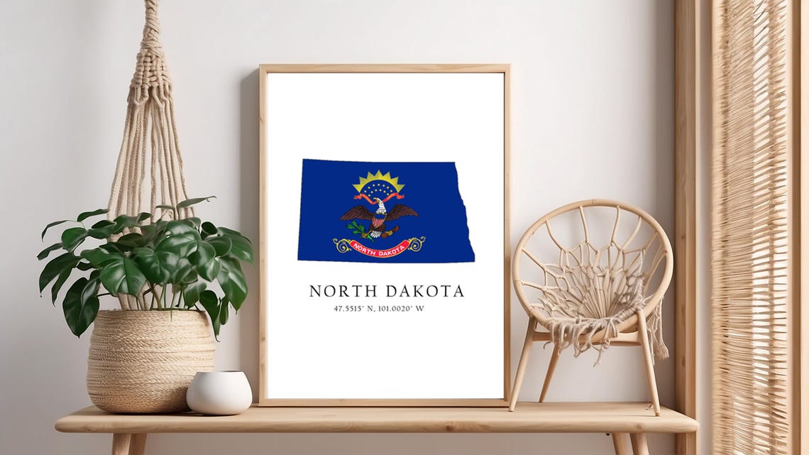 North Dakota Map Print Flag Latitude Longitude Coordinates Poster Wall Art Home Dcor