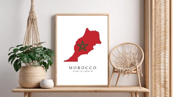 Morocco Map Print Flag Latitude Longitude Coordinates Poster Wall Art Home Dcor