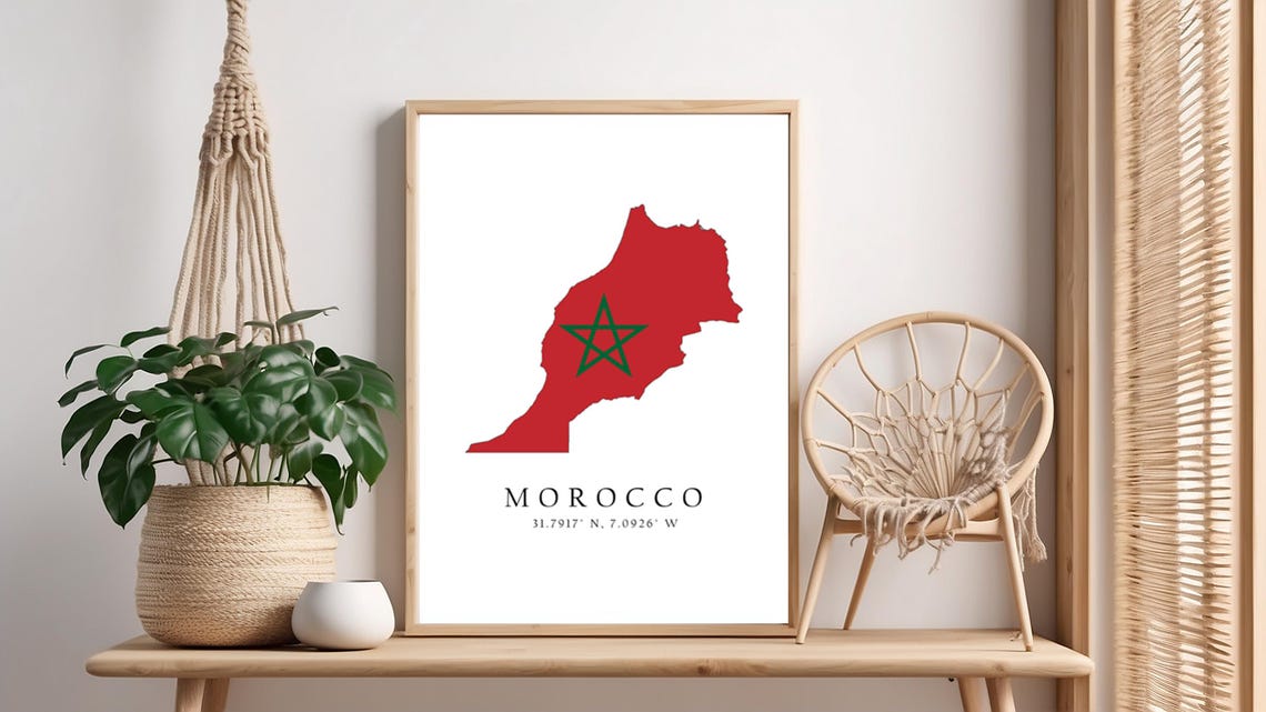Morocco Map Print Flag Latitude Longitude Coordinates Poster Wall Art Home Dcor