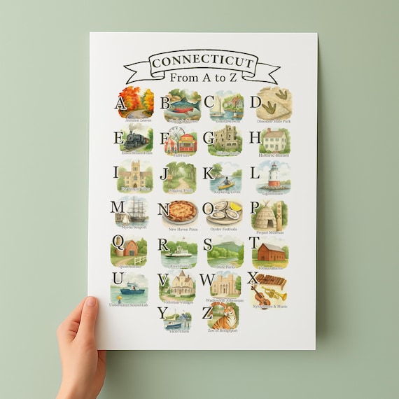 Connecticut A To Z State Symbols Illustrated Alphabet Poster
