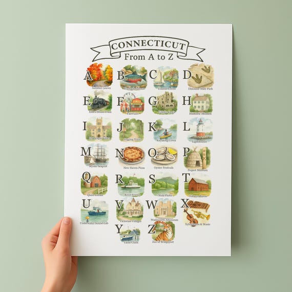 Connecticut Alphabet Poster A To Z State Symbols And Icons Unique Travel Gift Wall Art Decor