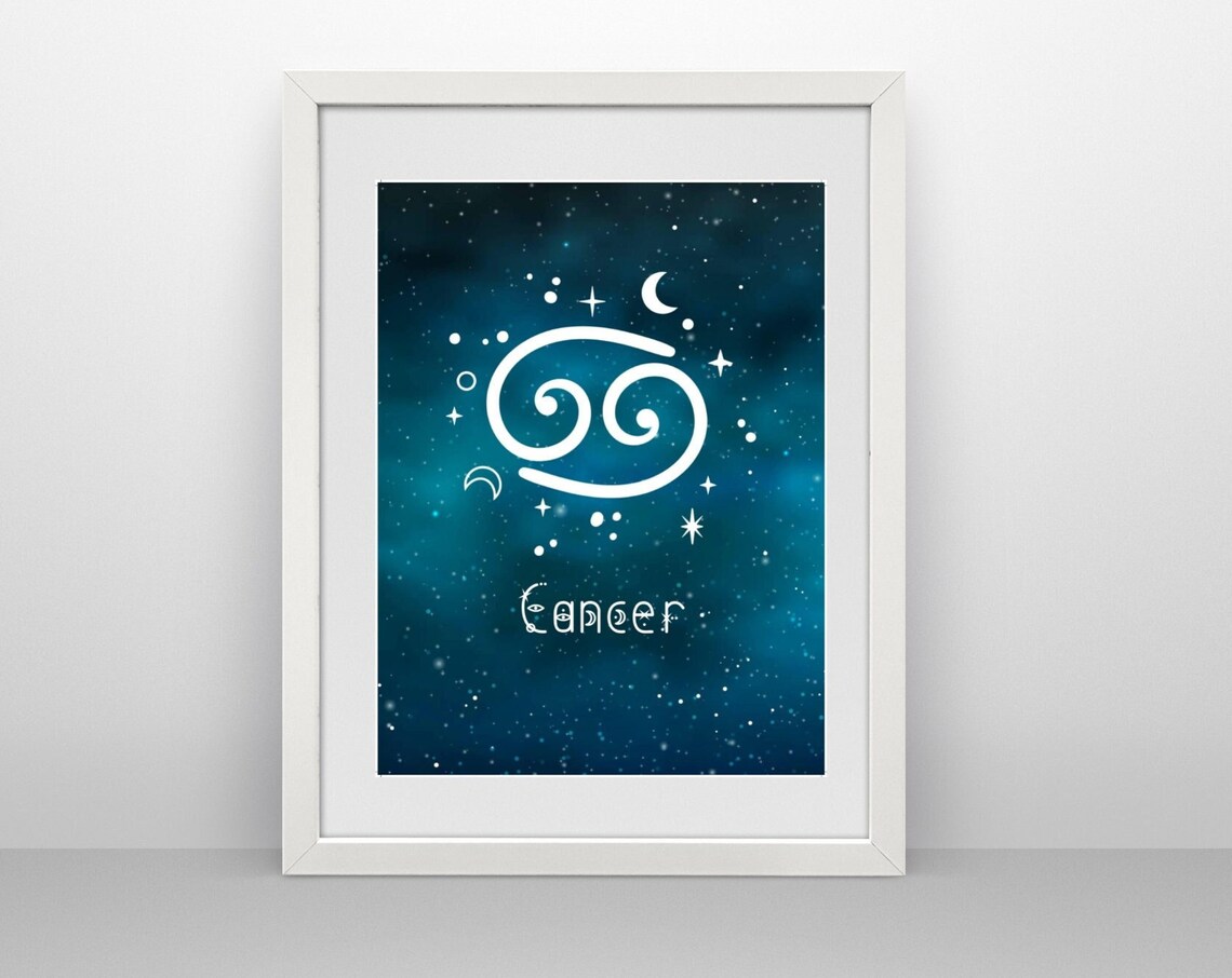 Cancer Zodiac Symbol Teal Starry Night Sky Astrology Art Print