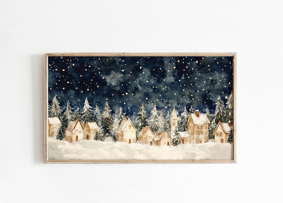 Snowy Christmas Village Watercolor Night Scene Holiday Poster - Image 4