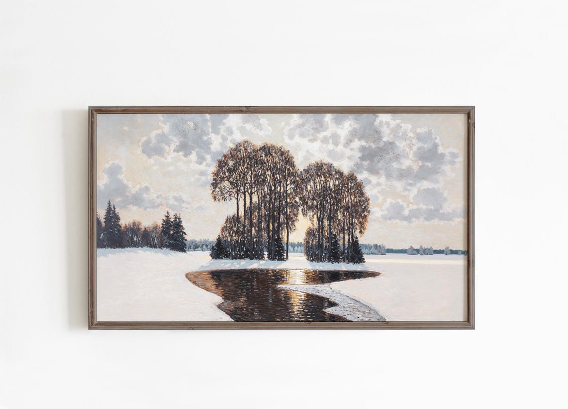 Winter Snow Landscape Painting Pond Tree Reflections Cloudy Sky Poster - Image 3