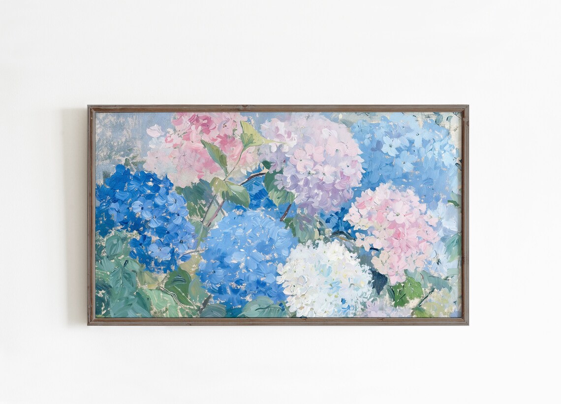 Hydrangeas Blue Pink White Floral Oil Painting Garden Bloom Wall Art - Image 2