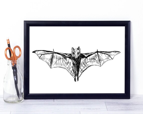 Bat With Spread Wings Ink Sketch Gothic Halloween Animal Art Poster