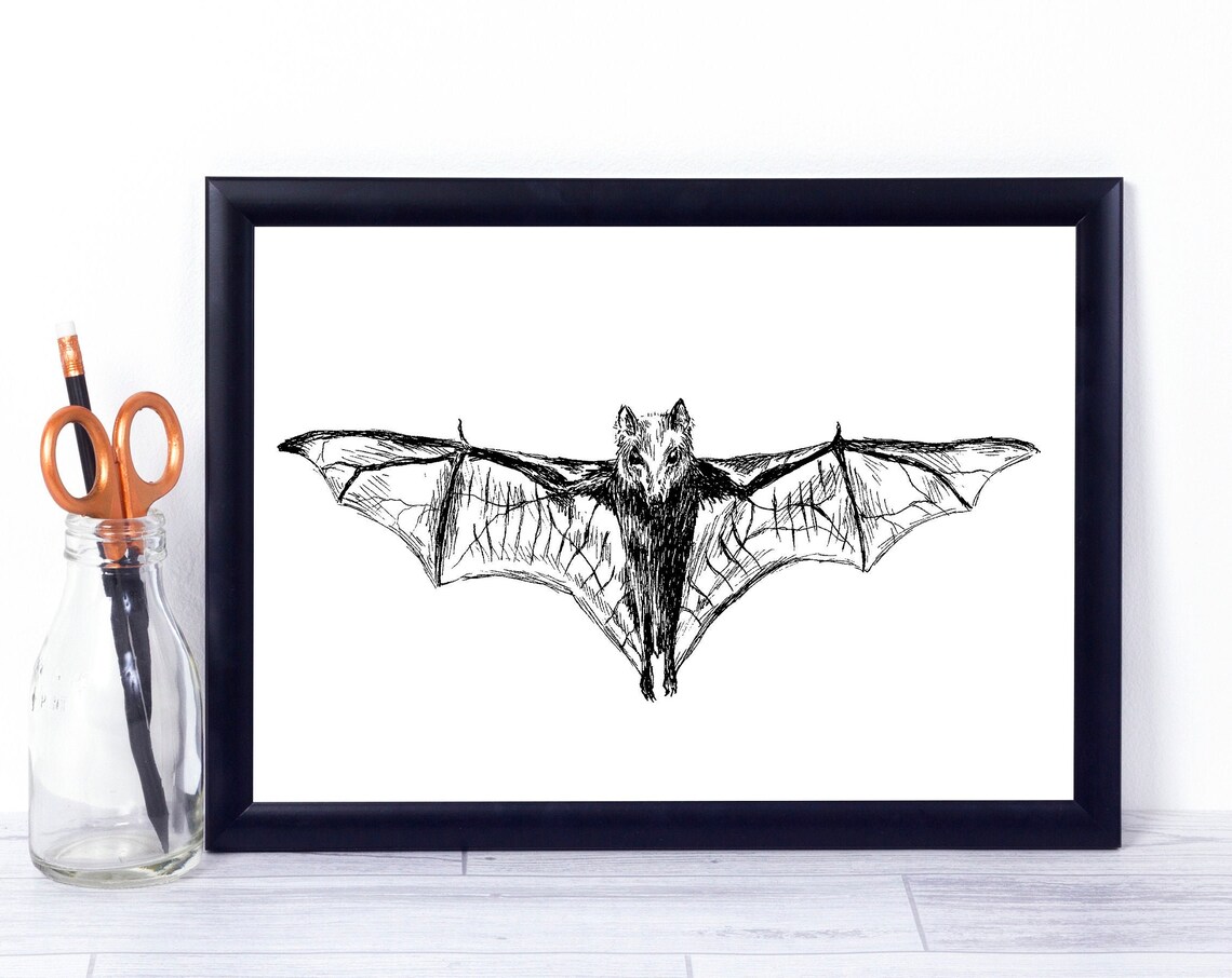 Bat With Spread Wings Ink Sketch Gothic Halloween Animal Art Poster