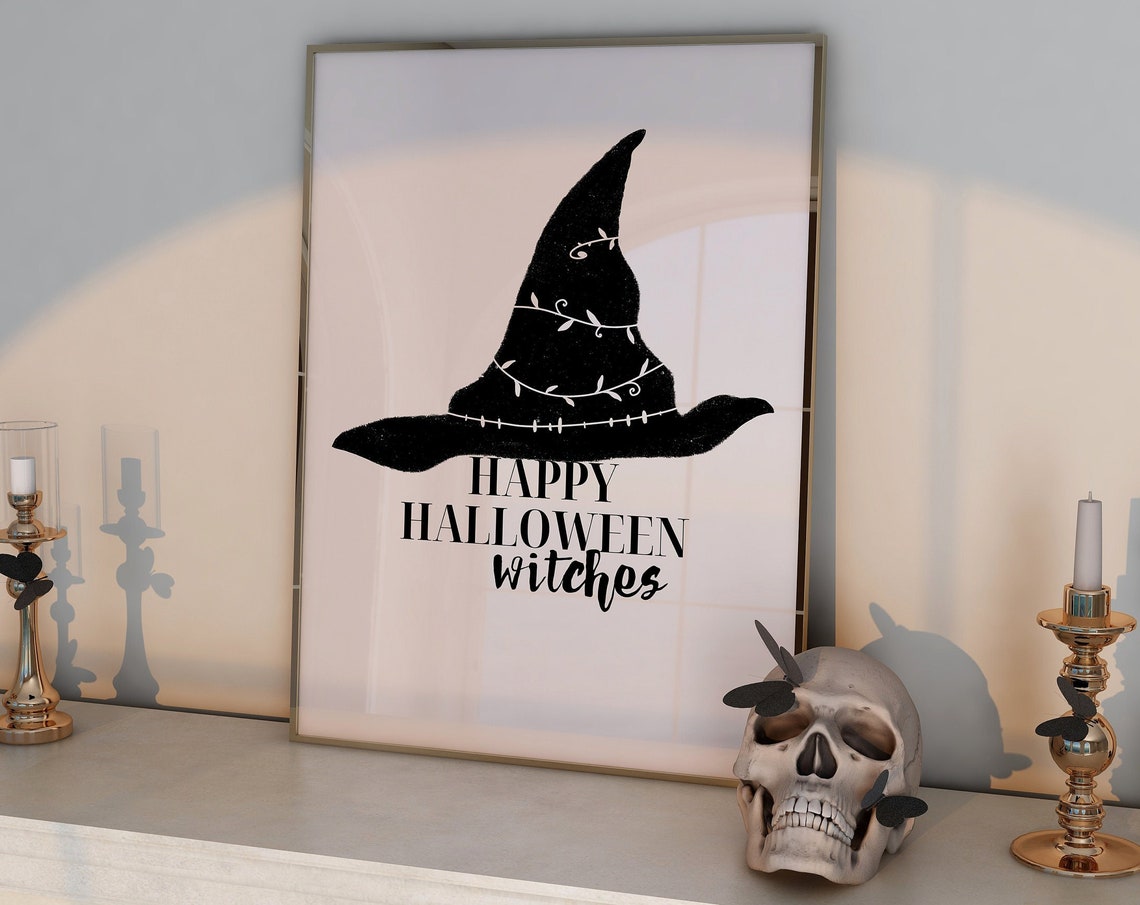 Happy Halloween Witches Witch Hat Black and White Quote Poster