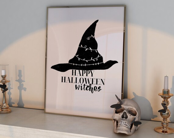 Happy Halloween Witches Witch Hat Black and White Quote Poster