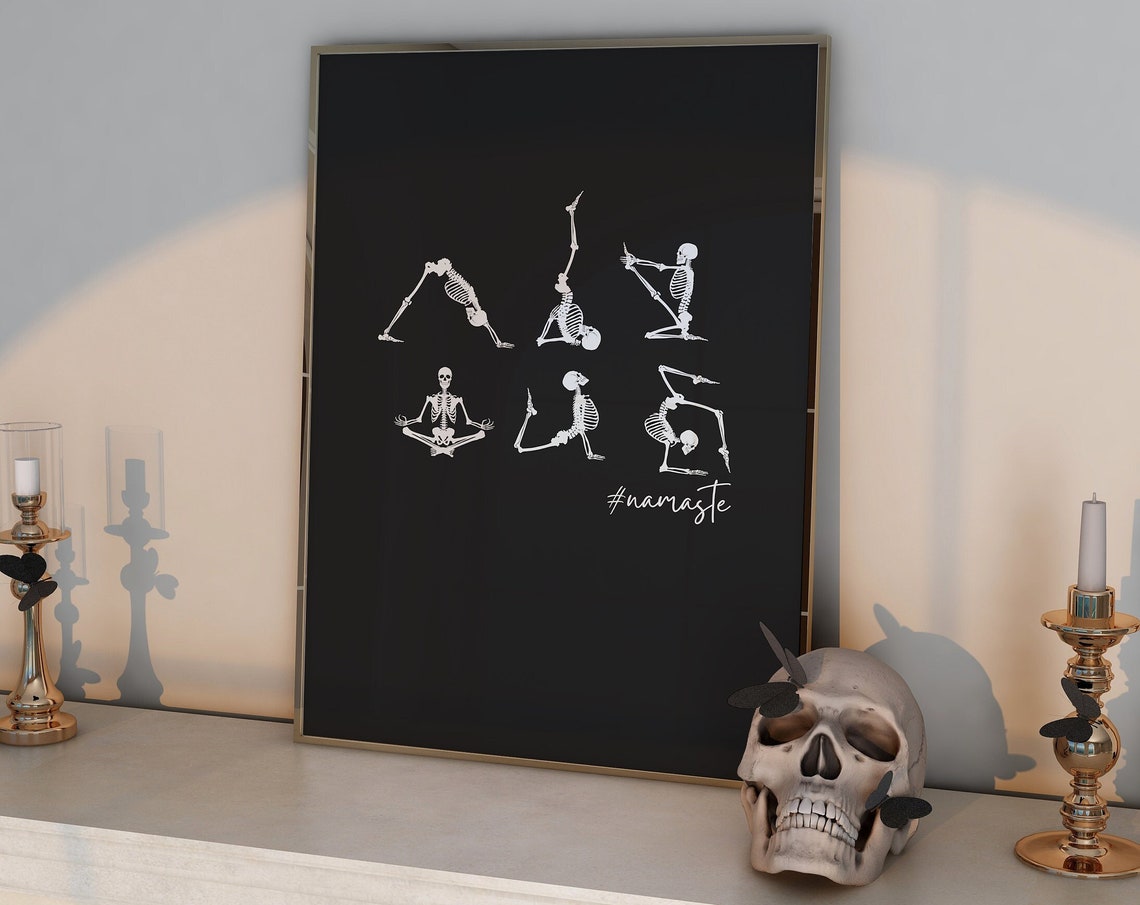 Skeleton Yoga Poses Namaste Funny Black White Halloween Print