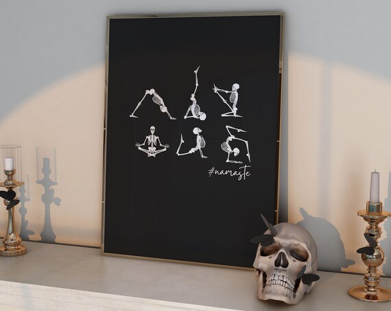 Skeleton Yoga Poses Namaste Funny Black White Halloween Print