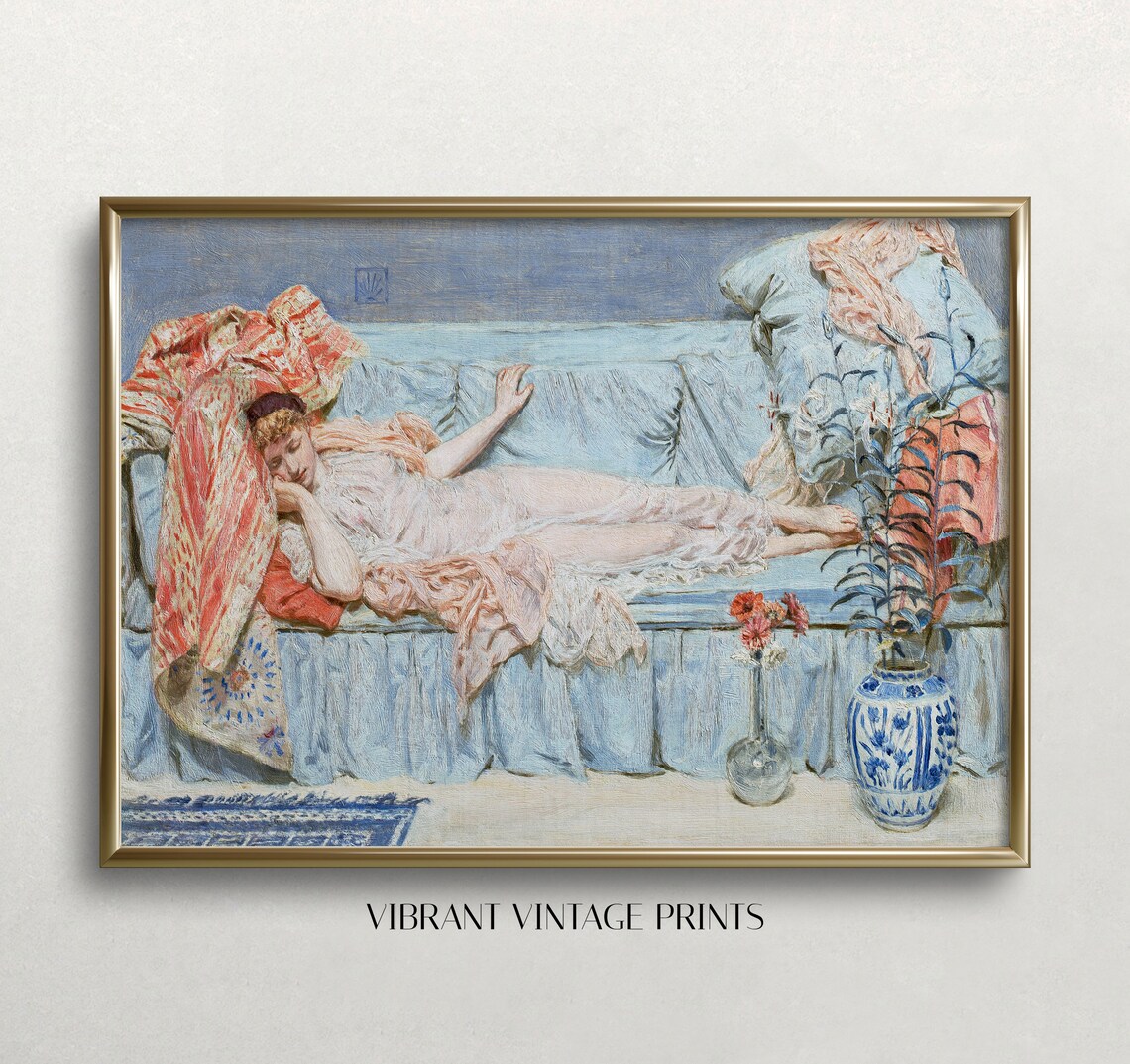Reclining Woman In Pink Gown Blue Chaise Vintage Academic Art Poster