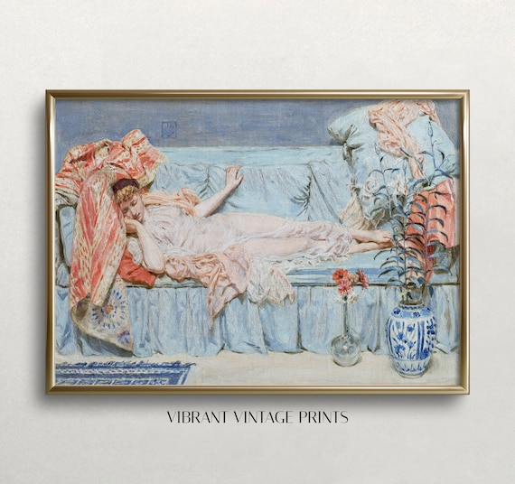 Reclining Woman In Pink Gown Blue Chaise Vintage Academic Art Poster