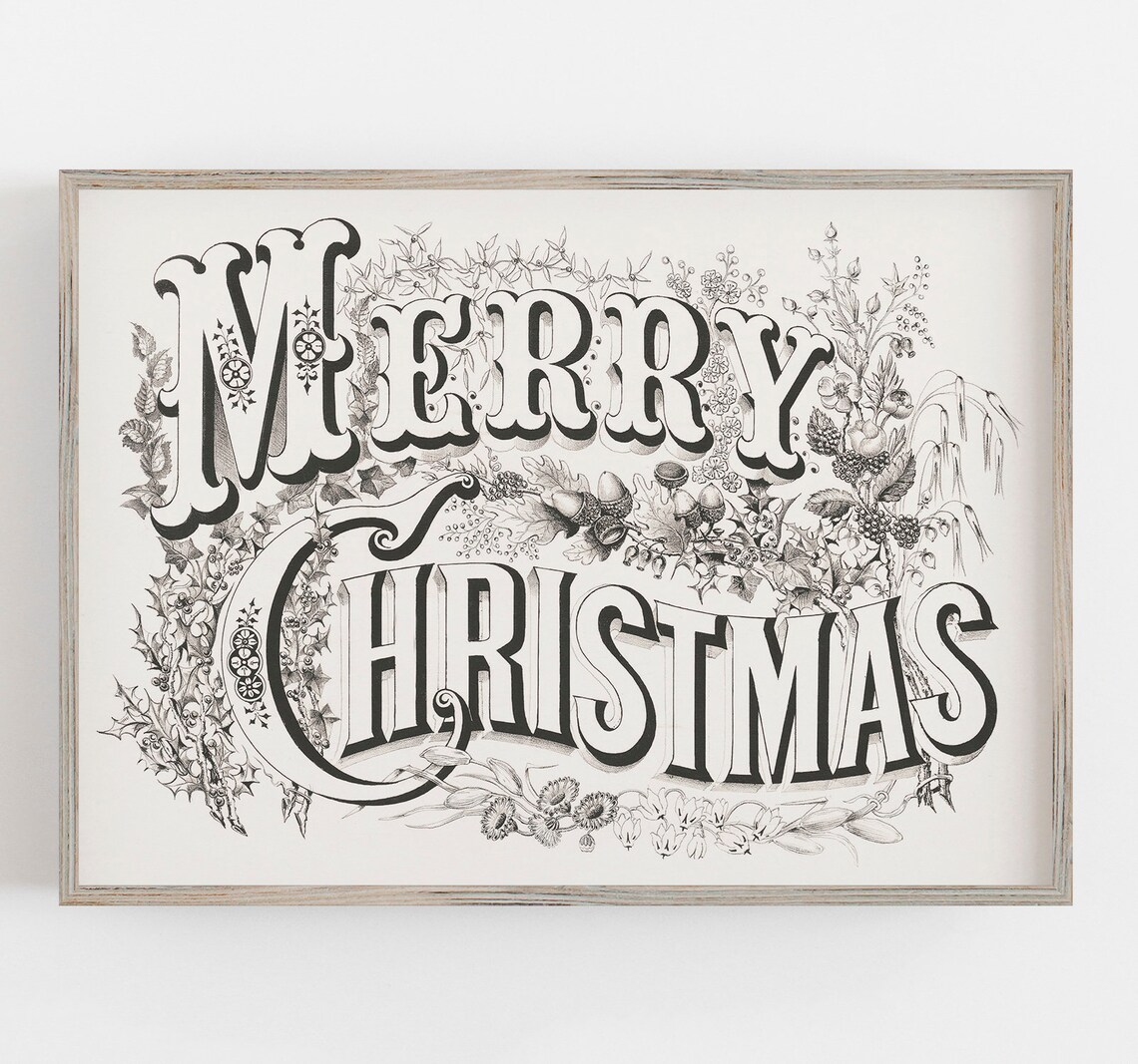 Merry Christmas Black and White Art Print