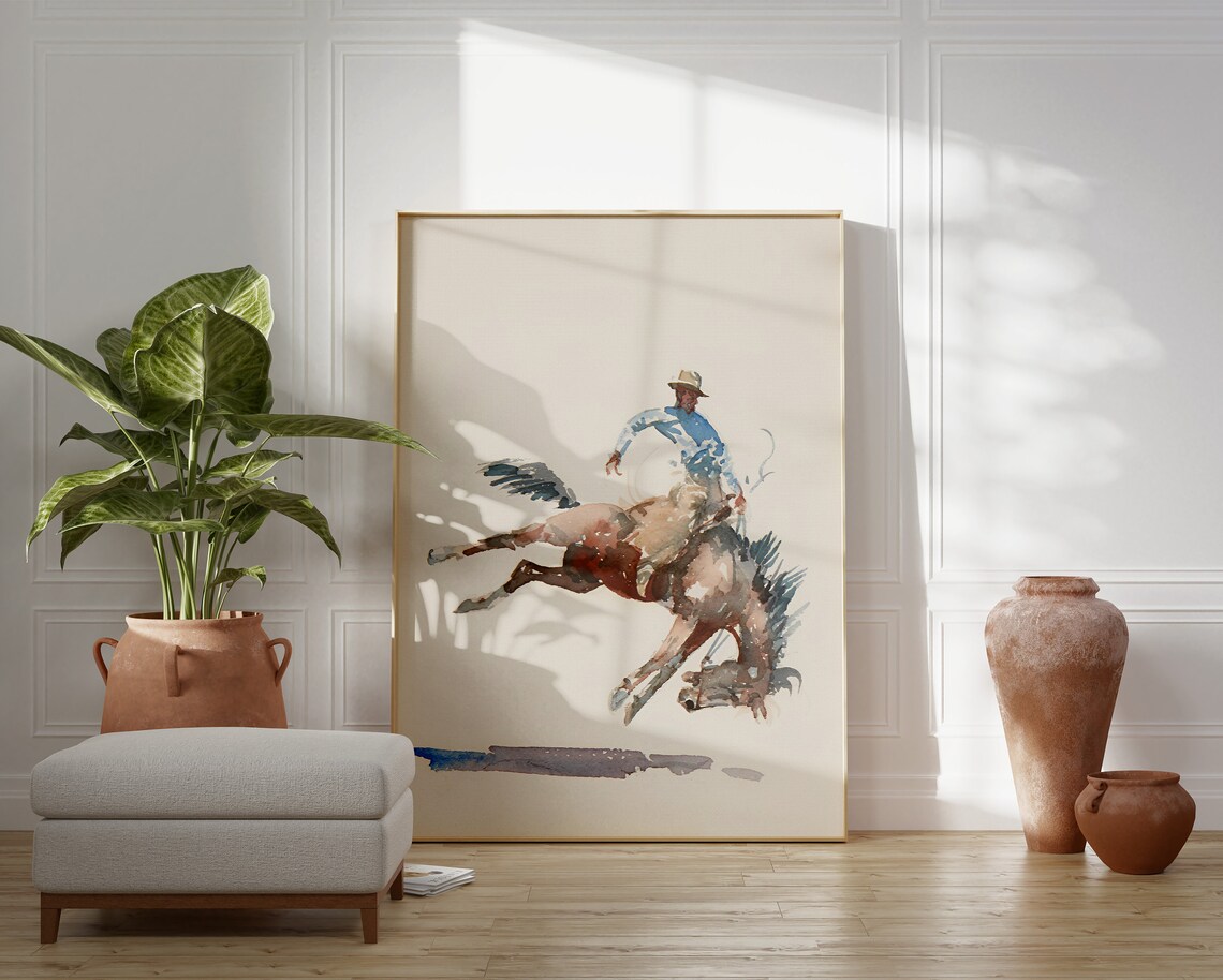 Watercolor Rodeo Cowboy on Bucking Horse Western Equestrian Art Poster - Image 5