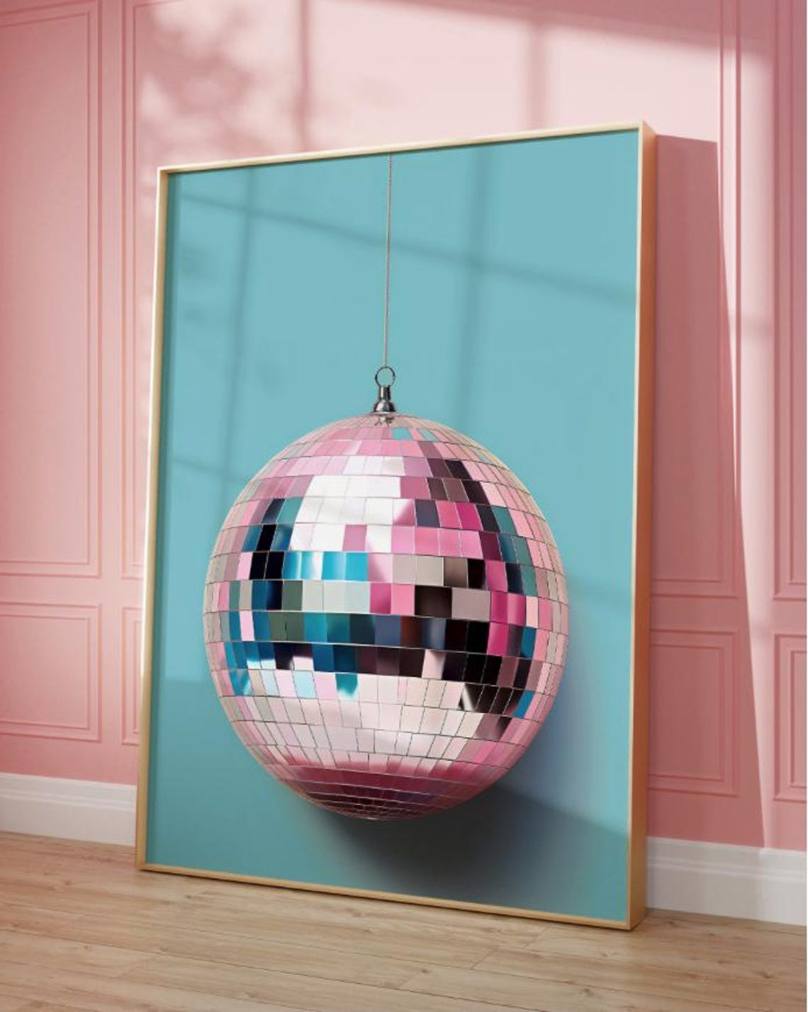 Pink Silver Disco Mirror Ball Teal Retro Trendy Pop Wall Art Poster