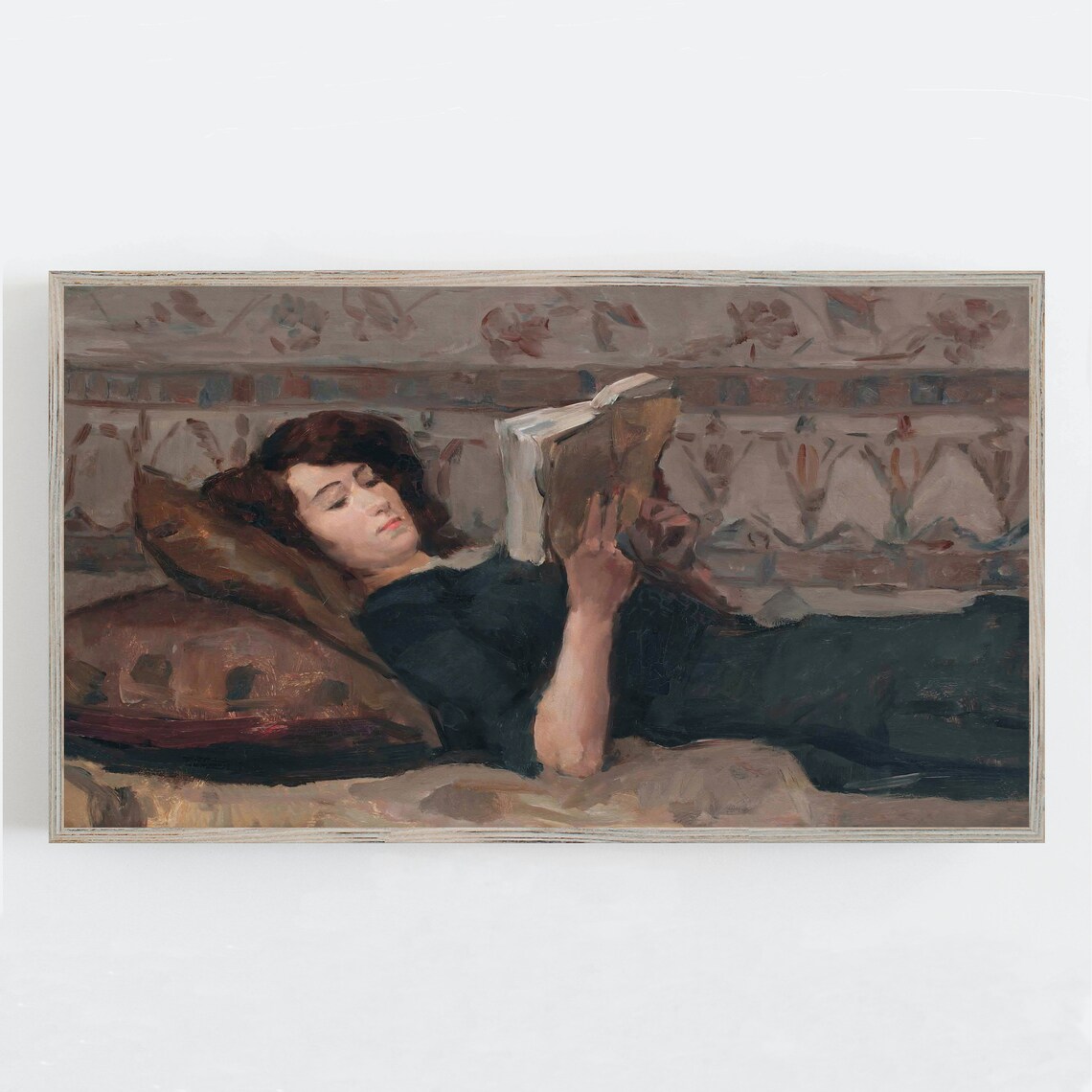 Woman Reading Book Reclining Vintage Oil Painting Portrait Cozy Poster