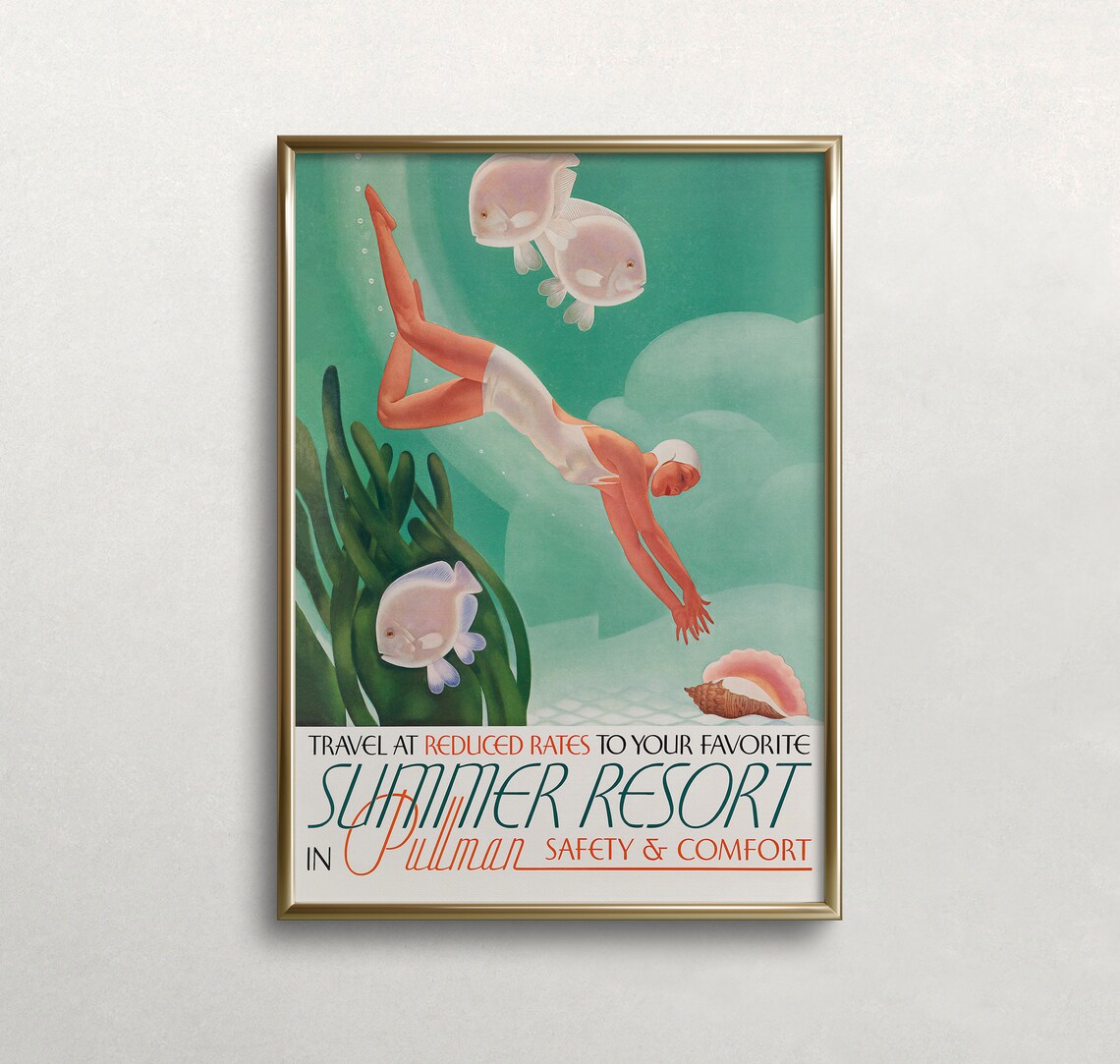 Diving for Seashells, Vintage Coastal Art Print