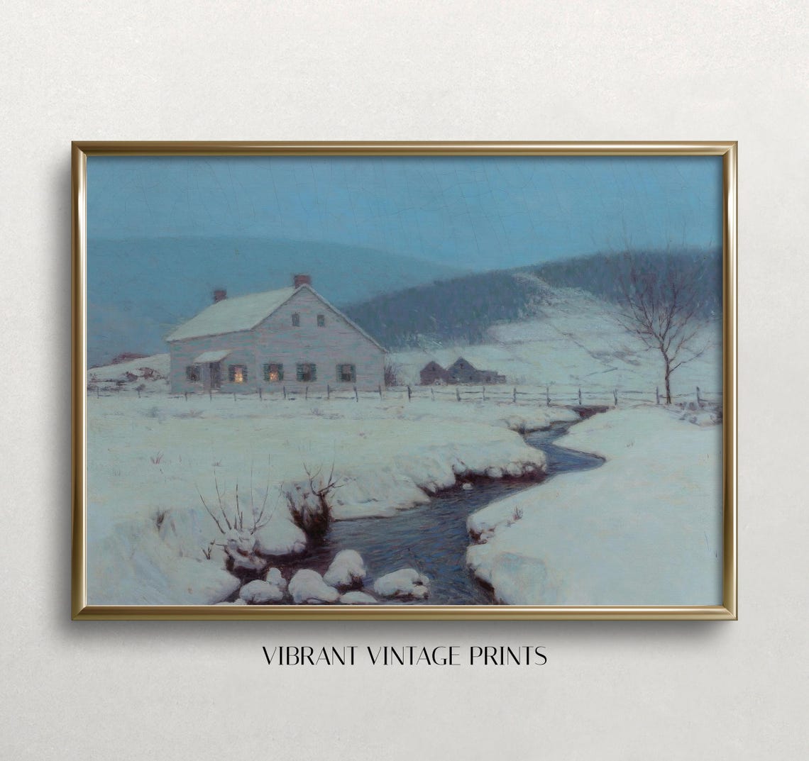 Snow Covered Farmhouse Winter Landscape Stream Vintage Oil Poster - Image 3