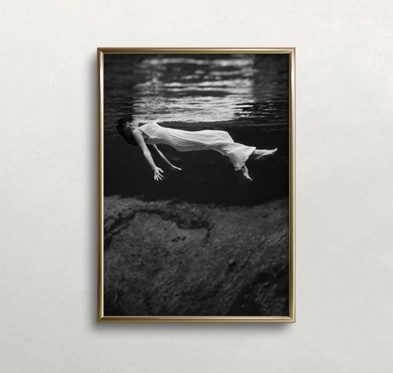 Woman Floating Underwater, Vintage Black And White Art Print