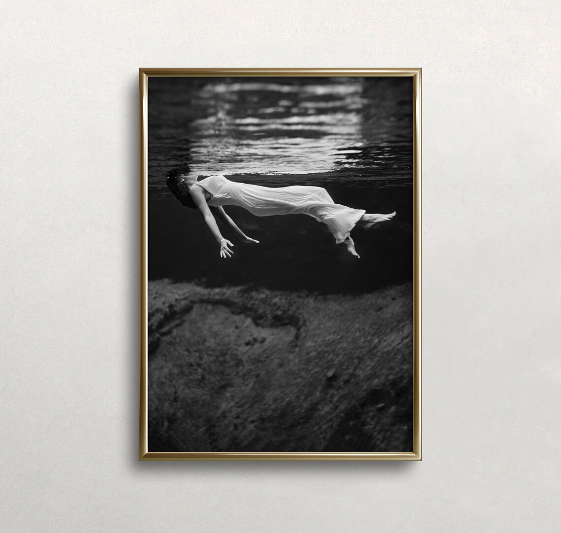 Woman Floating Underwater, Vintage Black And White Art Print