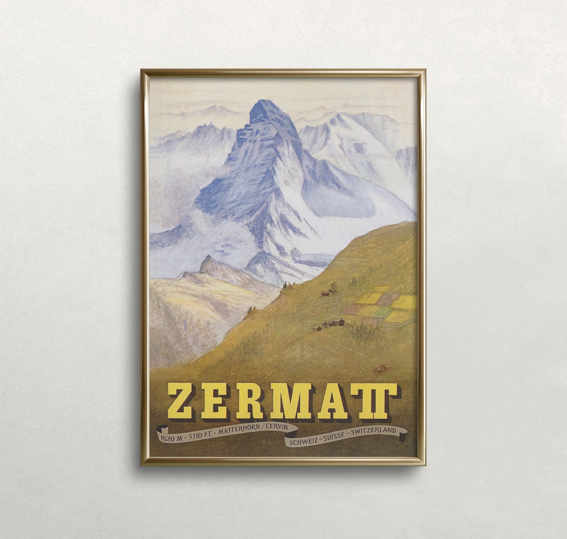 Zermatt Switzerland Vintage Travel Poster Matterhorn Misty Peak View