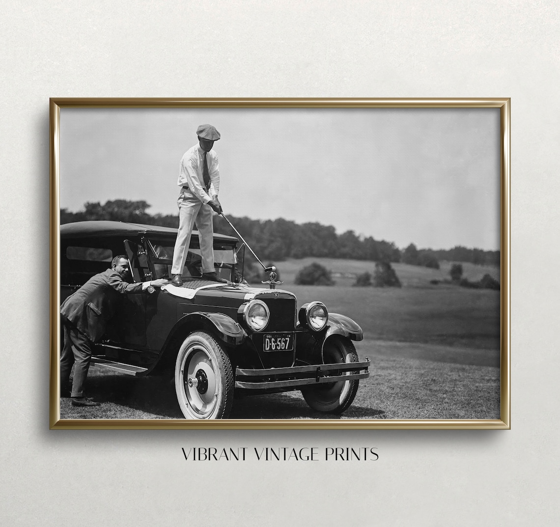 Golfer On Top Of Car, Vintage Black And White Art