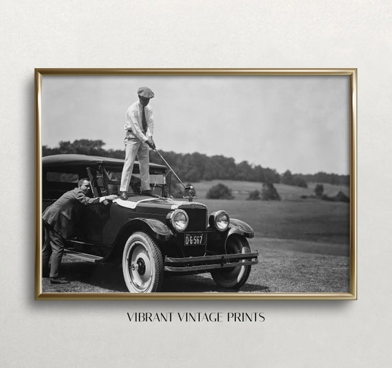 Golfer On Top Of Car, Vintage Black And White Art