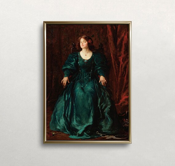 Woman Emerald Green Dress Seated Dark Moody Elegant Portrait Wall Art