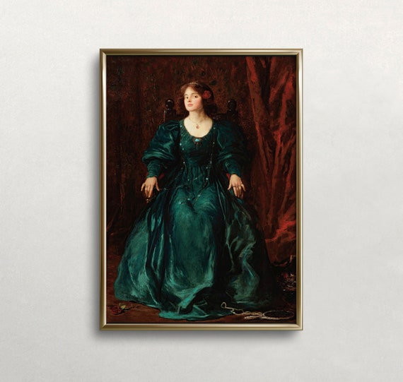 Woman Portrait Art Vintage Wall Art Dark Moody Wall Decor Dark Academia Emerald Green Color Wall Art 337