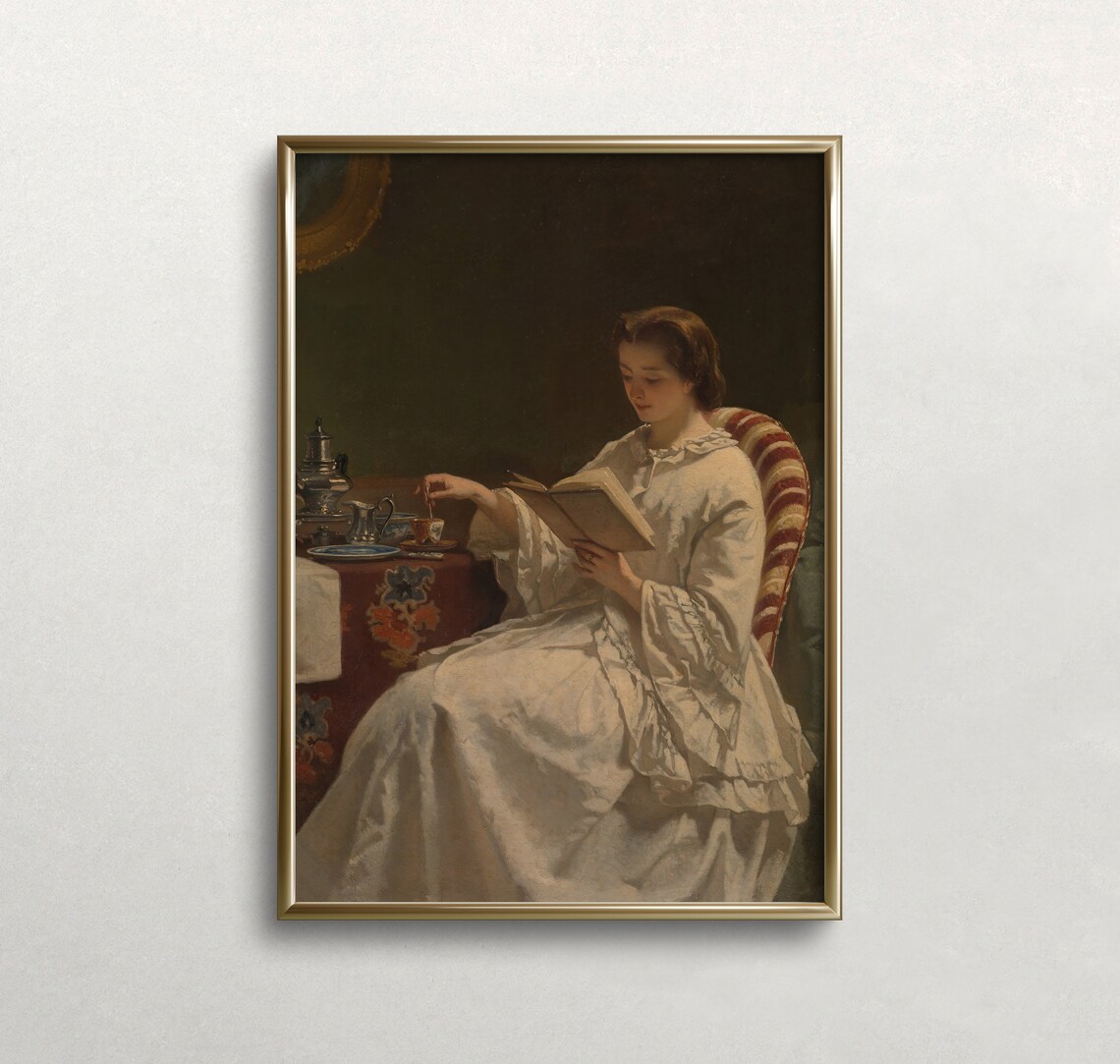 Woman Reading Book Lamplight Moody Dark Interior Vintage Portrait Print