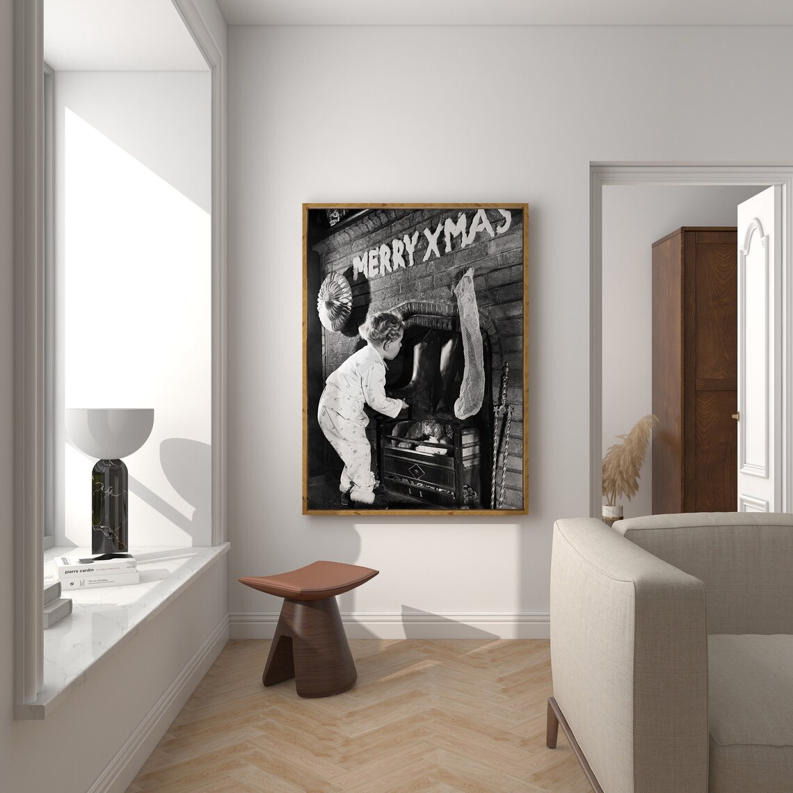 Little Boy Looking for Santa, Vintage Christmas Art Print