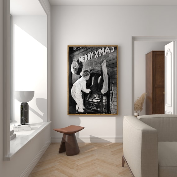 Little Boy Looking for Santa, Vintage Christmas Art Print