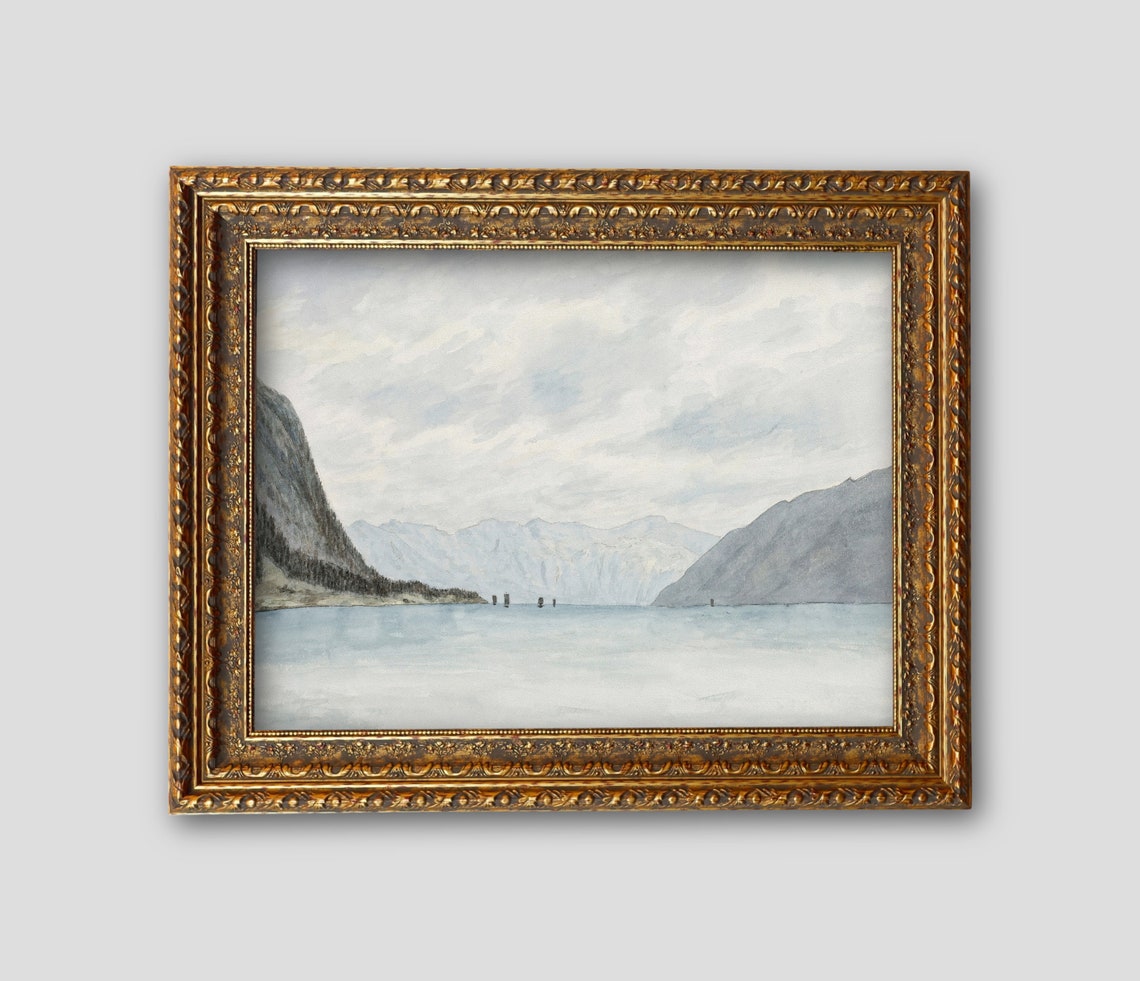 Muted Fjord Lake Mountain Watercolor Misty Grey Tones Landscape Print - Image 2