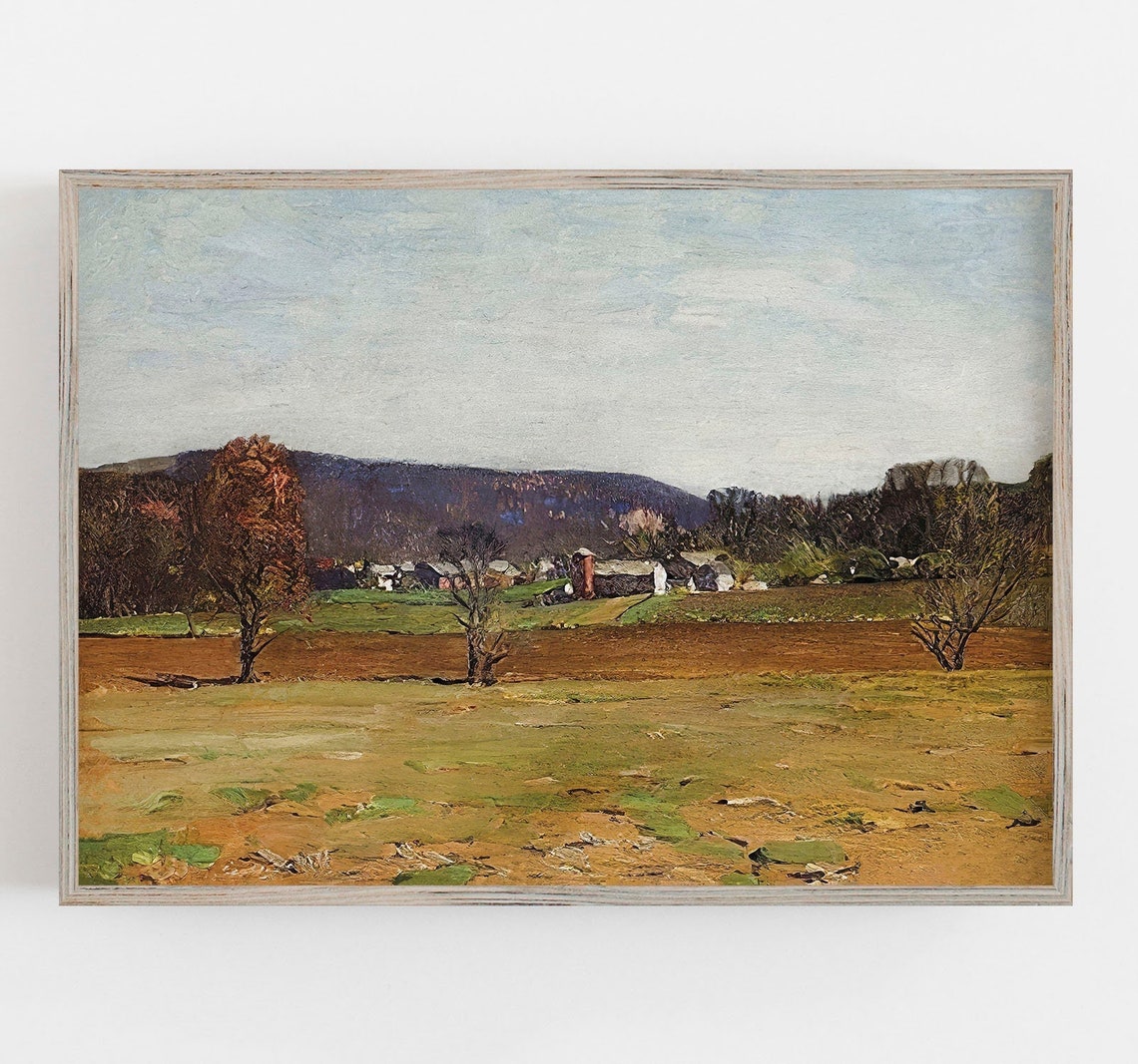 Rustic Autumn Farm Fields Muted Country Landscape Oil Wall Art