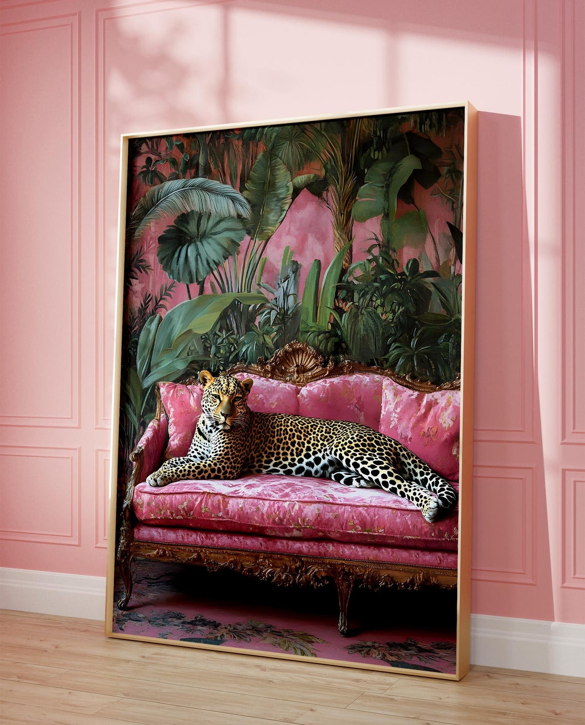 Leopard Lounging on Pink Velvet Couch Tropical Maximalist Photo Poster - Image 5
