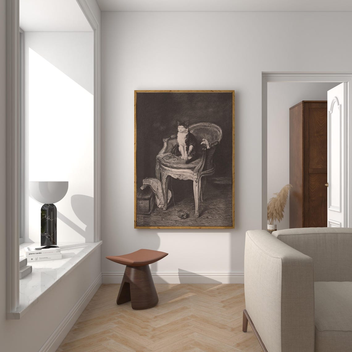 Cat and Bird Antique Sepia Etching on Ornate Wooden Chair Poster - Image 2