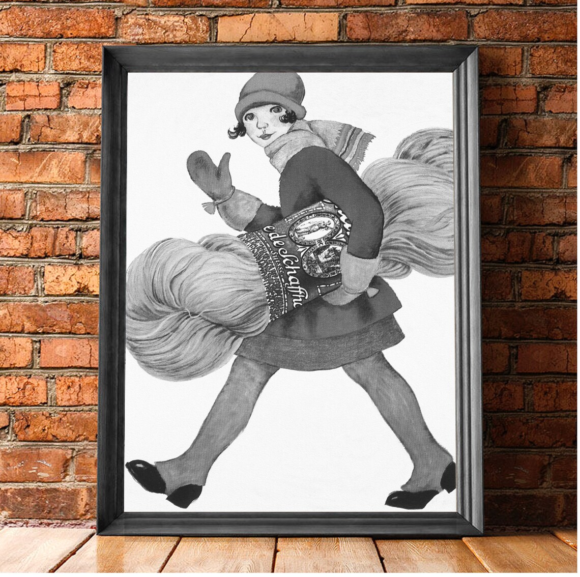 Vintage Girl Carrying Yarn Whimsical Black White Illustration Print - Image 3