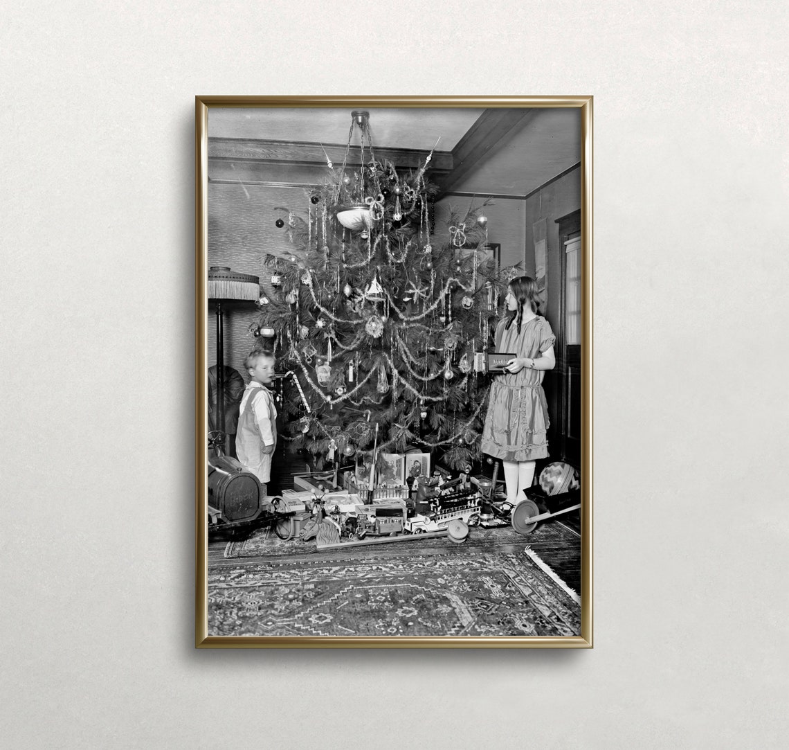 Children With Christmas Tree And Old Toys Black And White Photo Print