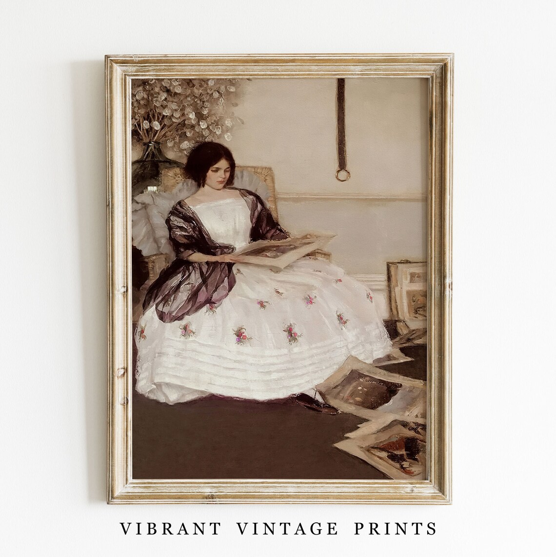 Woman Reading Vintage Portrait White Dress Interior Scene Poster