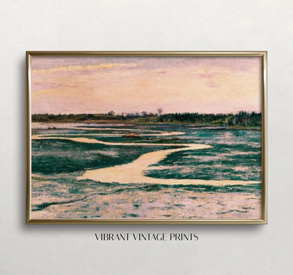 Marsh With Pink Sky Vintage Landscape Art Print