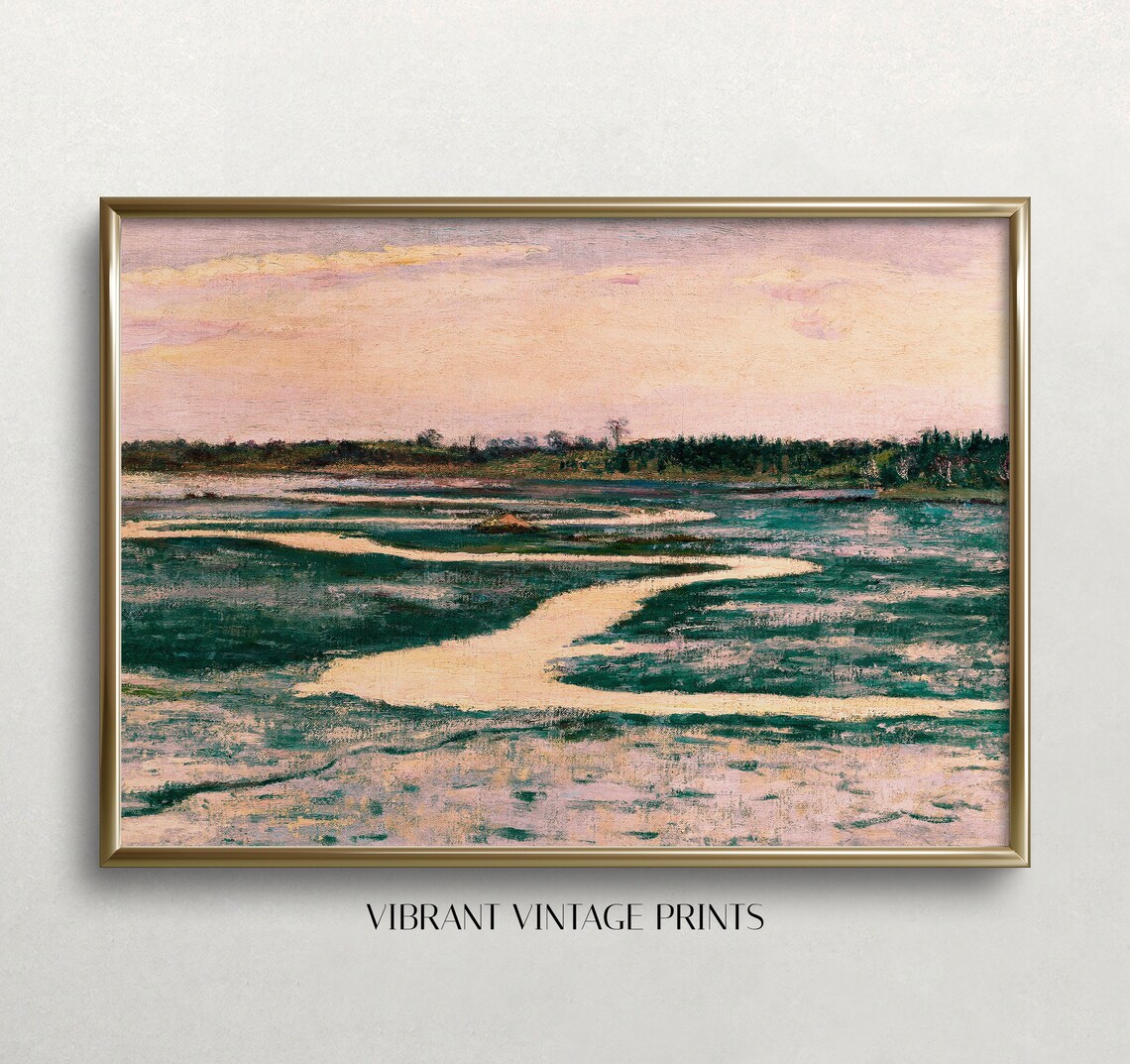 Marsh With Pink Sky Vintage Landscape Art Print